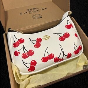 Coach Cherry Print Shoulder Bag in White and Red